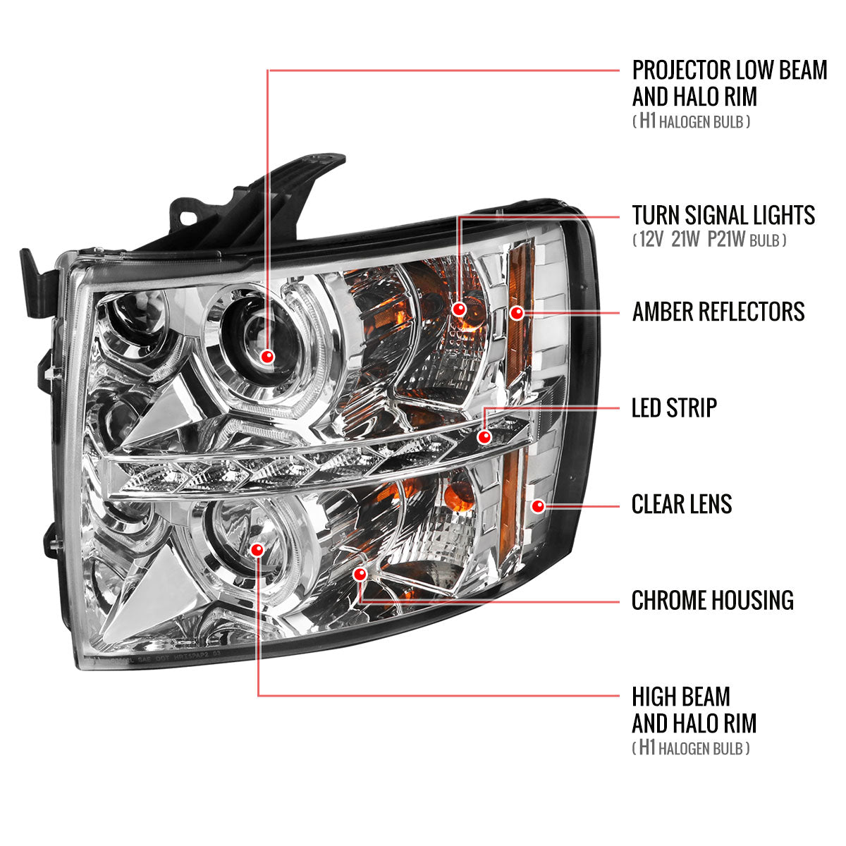 2007-2013 Chevrolet Silverado 1500/ 2007-2014 Silverado 2500HD 3500HD Dual U-Ring Halo Projector Headlights w/ LED Light Strip (Chrome Housing/Clear Lens)