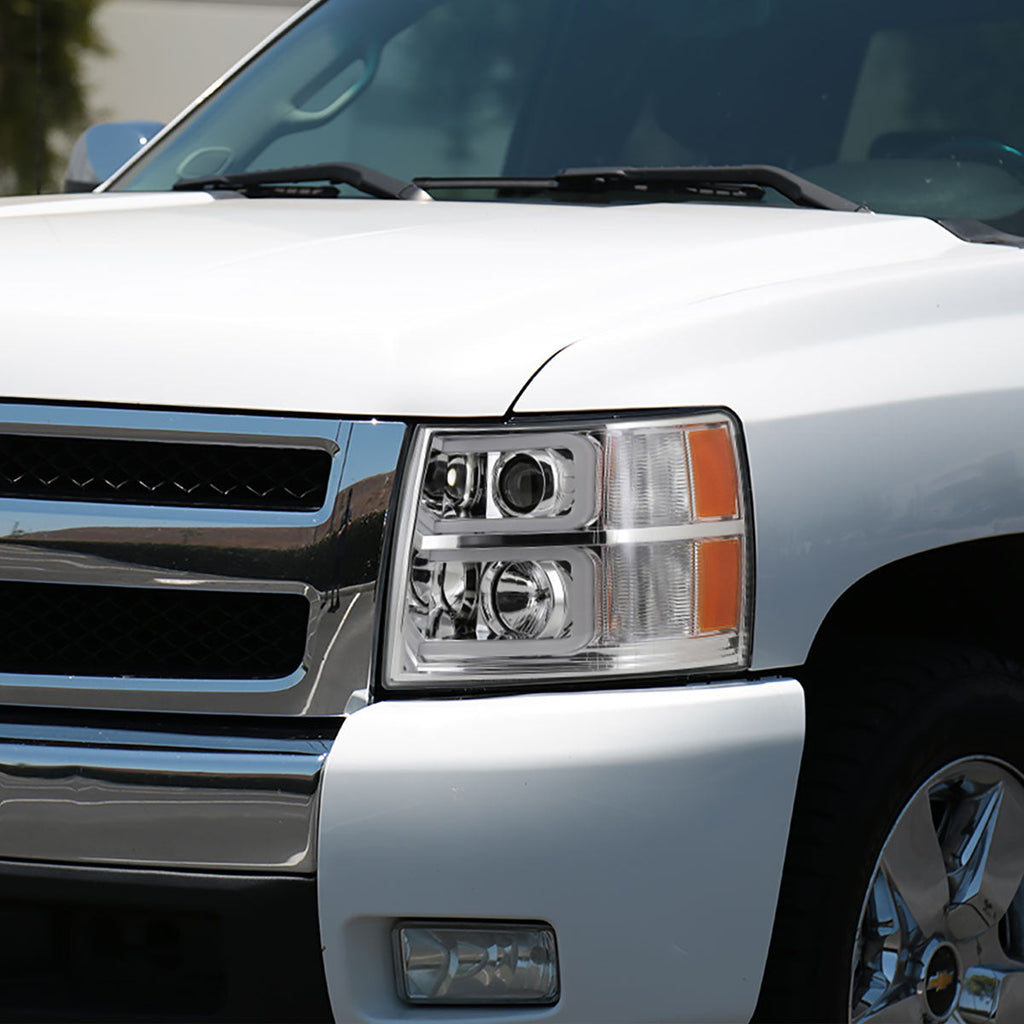 2007-2013 Chevrolet Silverado 1500/ 2007-2014 Silverado 2500HD 3500HD Dual LED C-Bar Projector Headlights (Chrome Housing/Clear Lens)