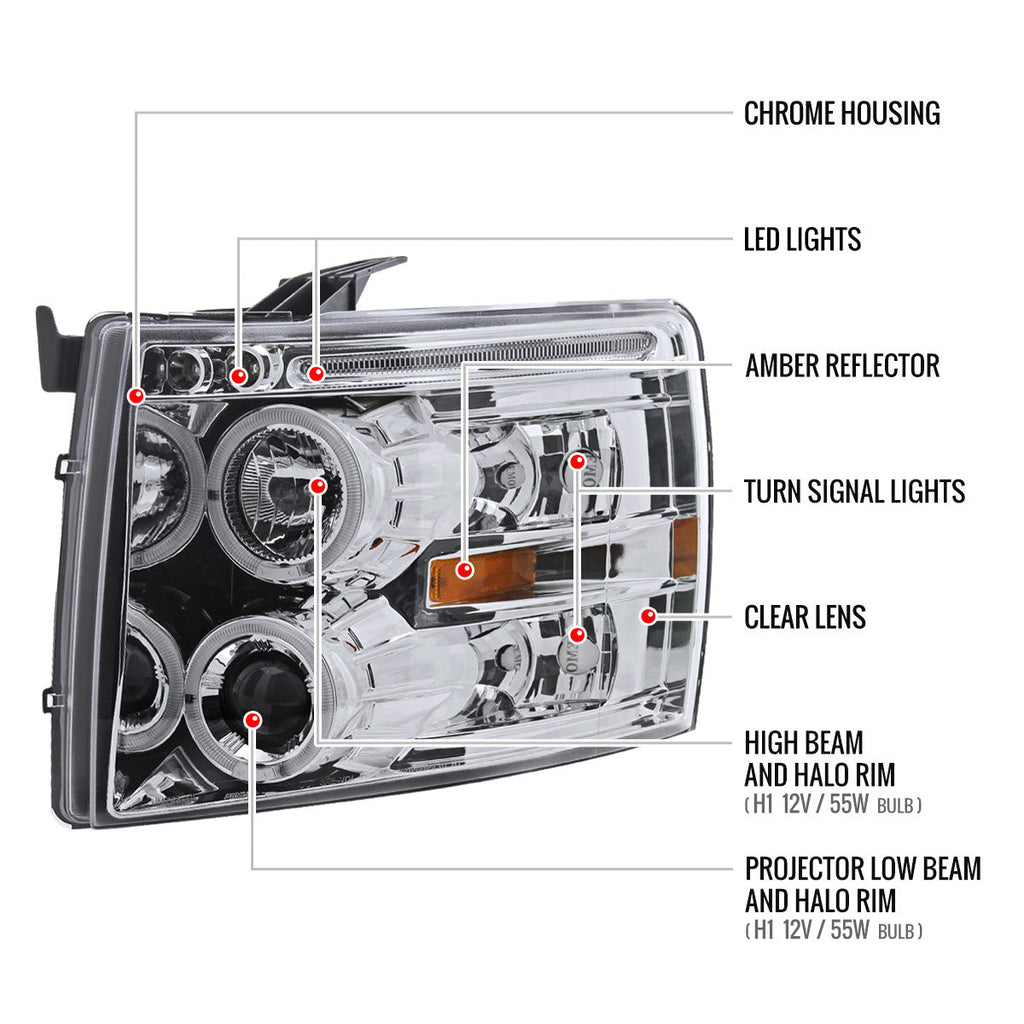 2007-2013 Chevrolet Silverado 1500/ 2007-2014 Silverado 2500HD 3500HD Dual Halo Projector Headlights (Chrome Housing/Clear Lens)