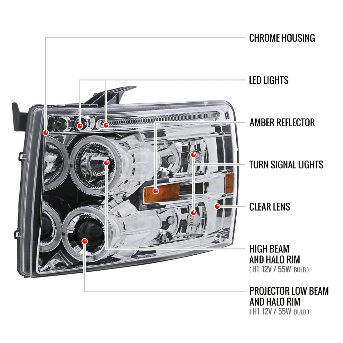 2007-2013 Chevrolet Silverado 1500/ 2007-2014 Silverado 2500HD 3500HD Dual Halo Projector Headlights (Chrome Housing/Clear Lens)