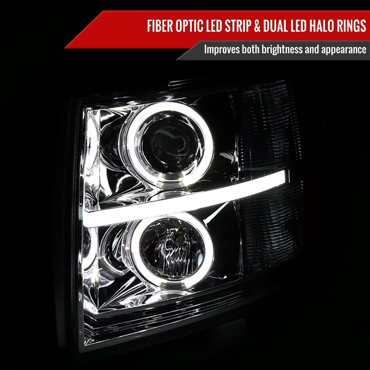2007-2013 Chevrolet Silverado 1500/ 2007-2014 Silverado 2500HD 3500HD Dual Halo Projector Headlights w/ LED Light Bar (Chrome Housing/Clear Lens)