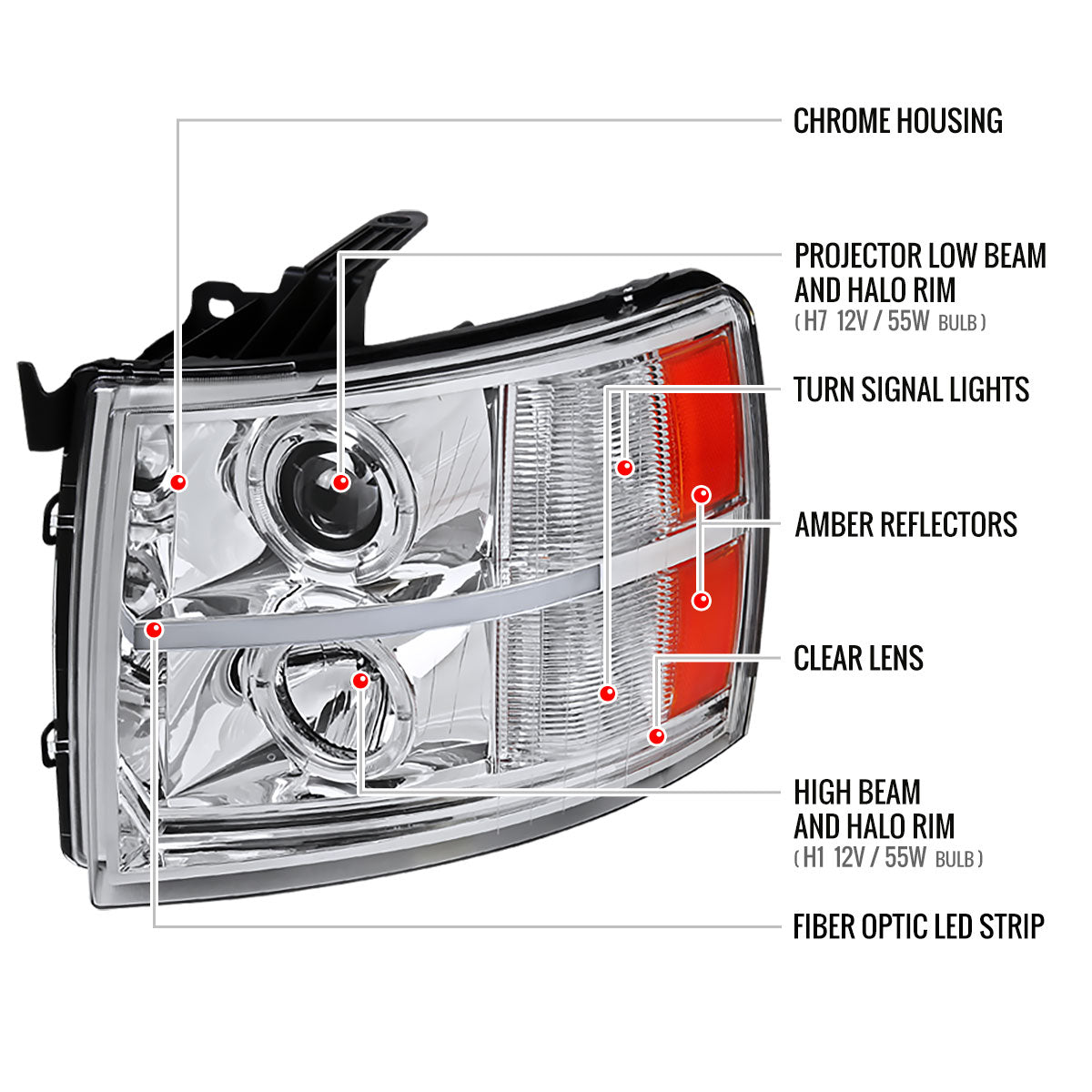 2007-2013 Chevrolet Silverado 1500/ 2007-2014 Silverado 2500HD 3500HD Dual Halo Projector Headlights w/ LED Light Bar (Chrome Housing/Clear Lens)
