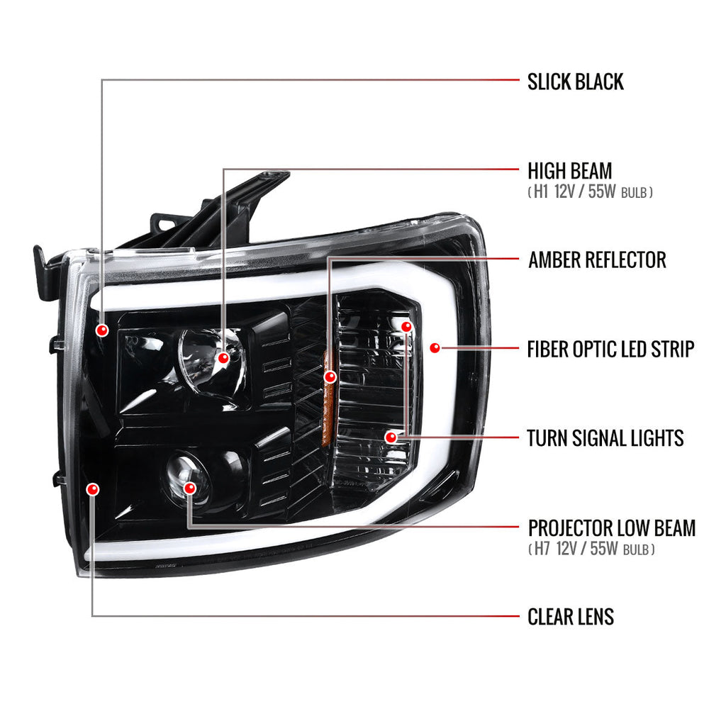2007-2014 Chevrolet Silverado 1500/2500HD/3500HD LED C-Bar Projector Headlights (Jet Black Housing/Clear Lens)