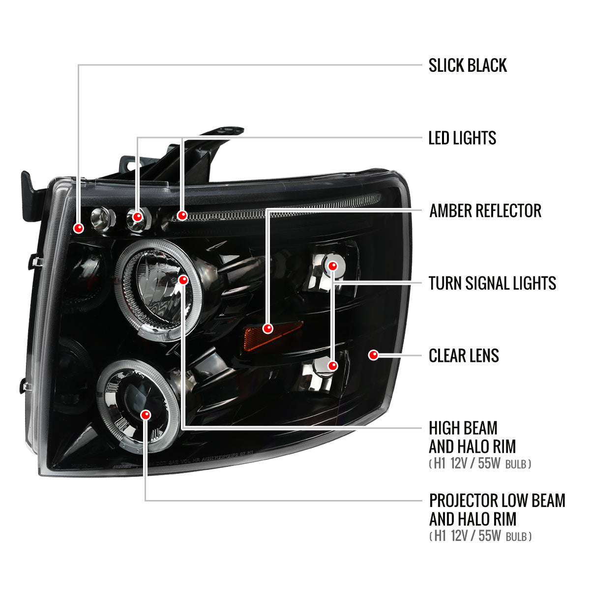 2007-2013 Chevrolet Silverado 1500/ 2007-2014 Silverado 2500HD 3500HD Dual Halo Projector Headlights (Jet Black Housing/Clear Lens)