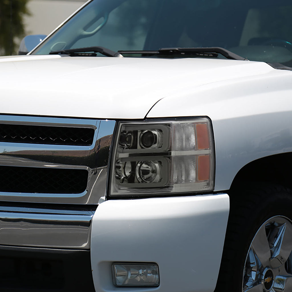 2007-2013 Chevrolet Silverado 1500/ 2007-2014 Silverado 2500HD 3500HD Dual LED C-Bar Projector Headlights (Chrome Housing/Smoked Lens)
