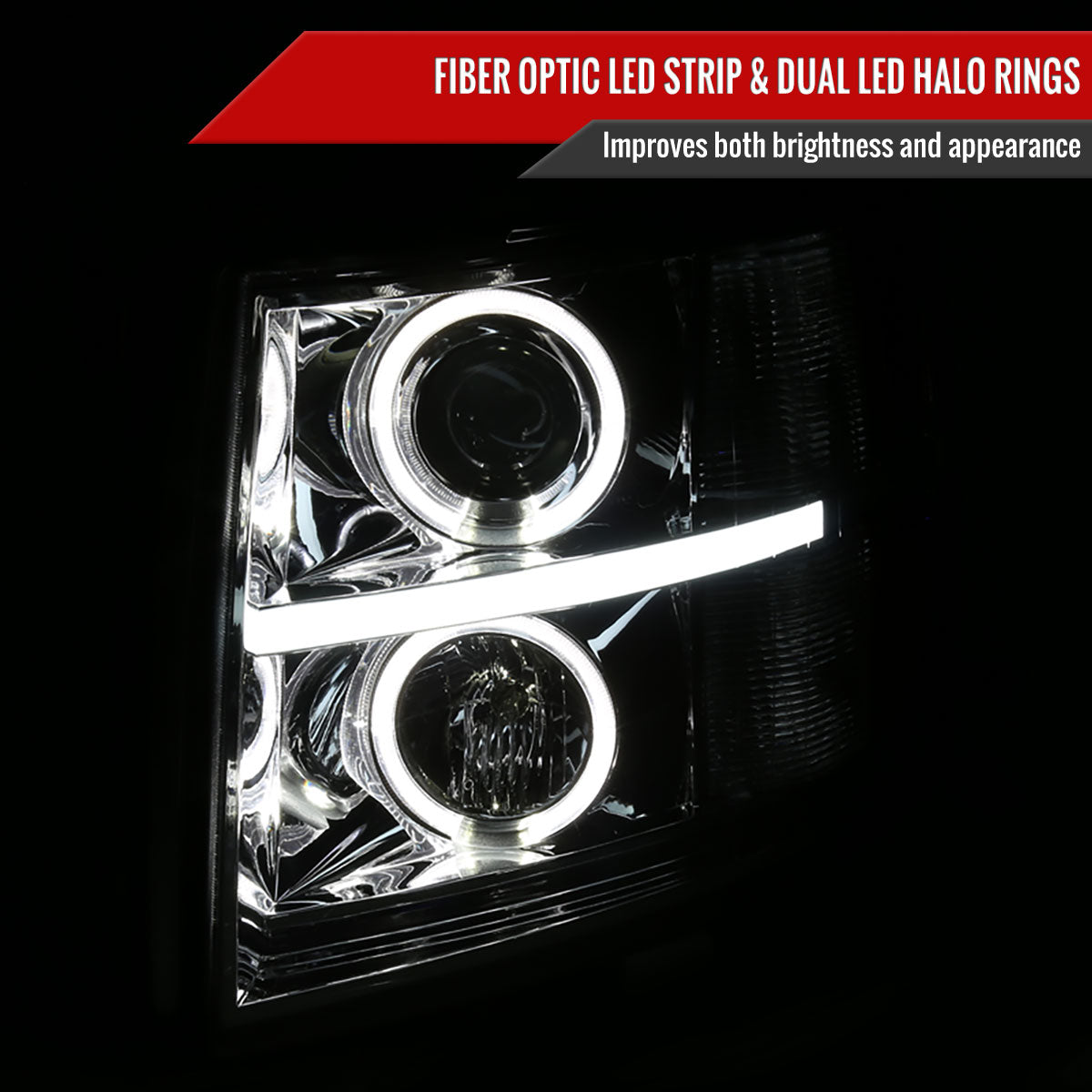 2007-2013 Chevrolet Silverado 1500/ 2007-2014 Silverado 2500HD 3500HD Dual Halo Projector Headlights w/ LED Light Bar (Chrome Housing/Smoked Lens)