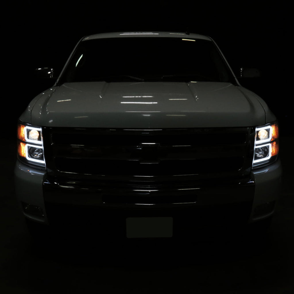 2007-2013 Chevrolet Silverado 1500/ 2007-2014 Silverado 2500HD 3500HD Dual LED C-Bar Projector Headlights (Matte Black Housing/Clear Lens)