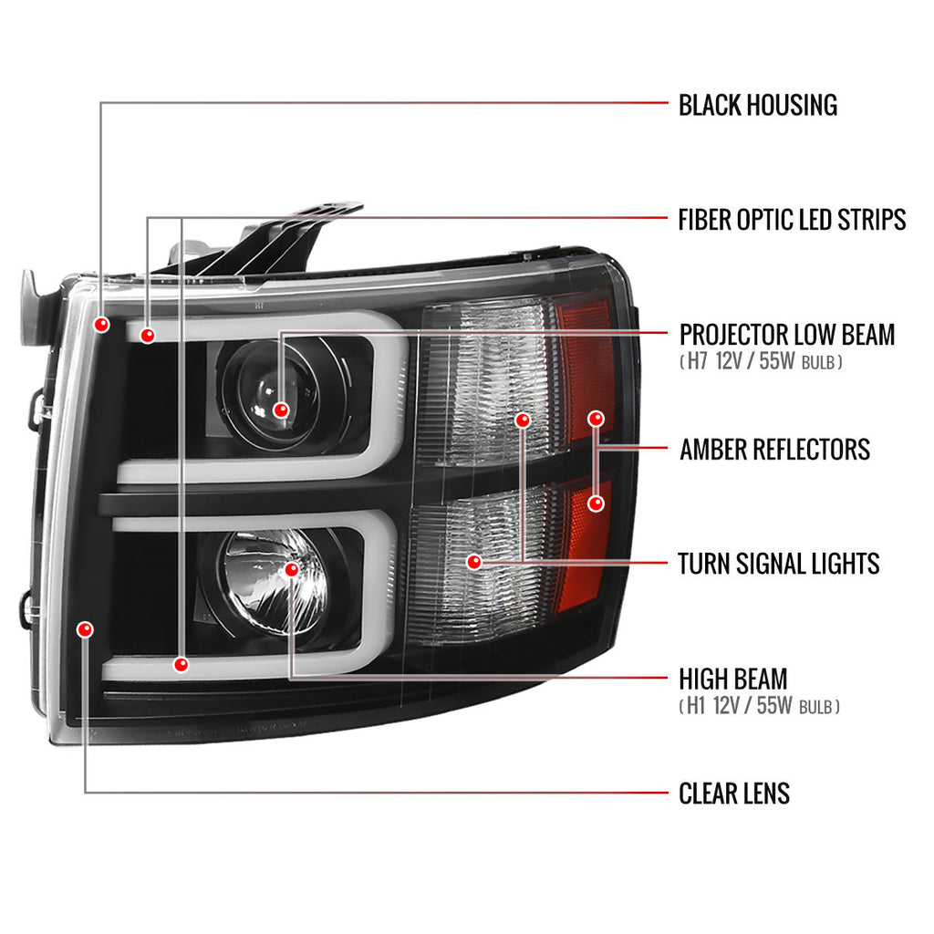 2007-2013 Chevrolet Silverado 1500/ 2007-2014 Silverado 2500HD 3500HD Dual LED C-Bar Projector Headlights (Matte Black Housing/Clear Lens)