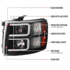 2007-2013 Chevrolet Silverado 1500/ 2007-2014 Silverado 2500HD 3500HD Dual LED C-Bar Projector Headlights (Matte Black Housing/Clear Lens)