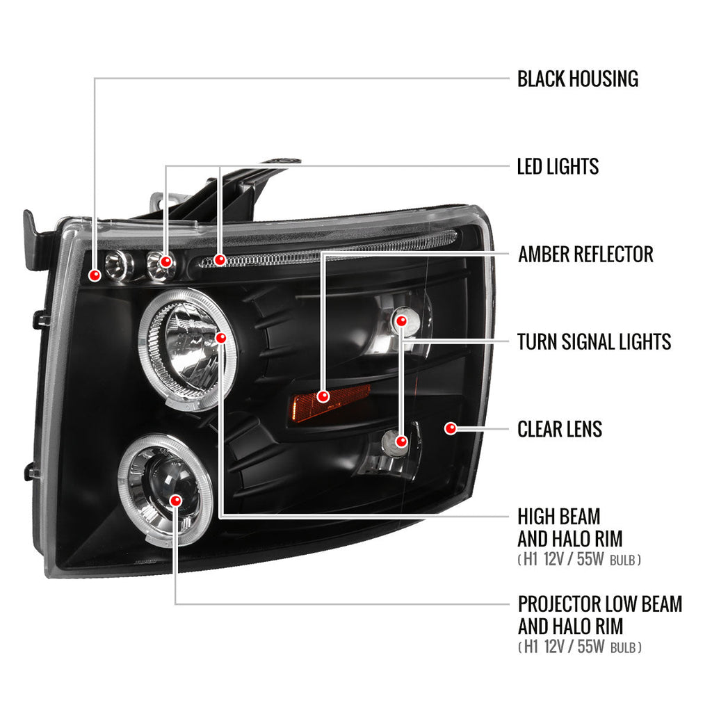 2007-2013 Chevrolet Silverado 1500/ 2007-2014 Silverado 2500HD 3500HD Dual Halo Projector Headlights (Matte Black Housing/Clear Lens)