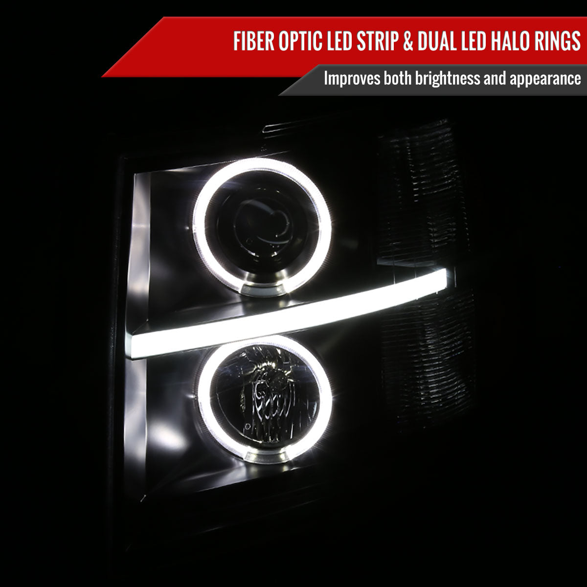 2007-2013 Chevrolet Silverado 1500/ 2007-2014 Silverado 2500HD 3500HD Dual Halo Projector w/ LED Light Bar Headlights (Matte Black Housing/Clear Lens)