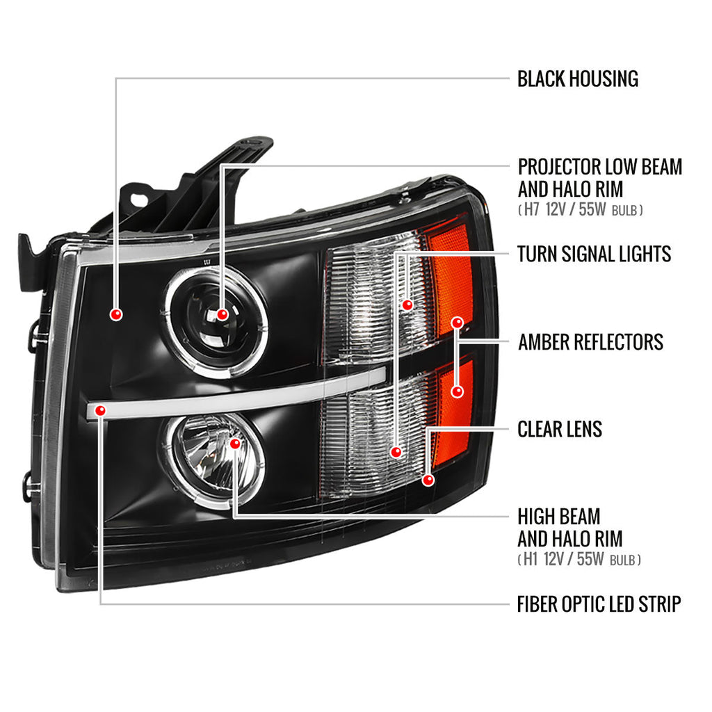 2007-2013 Chevrolet Silverado 1500/ 2007-2014 Silverado 2500HD 3500HD Dual Halo Projector w/ LED Light Bar Headlights (Matte Black Housing/Clear Lens)