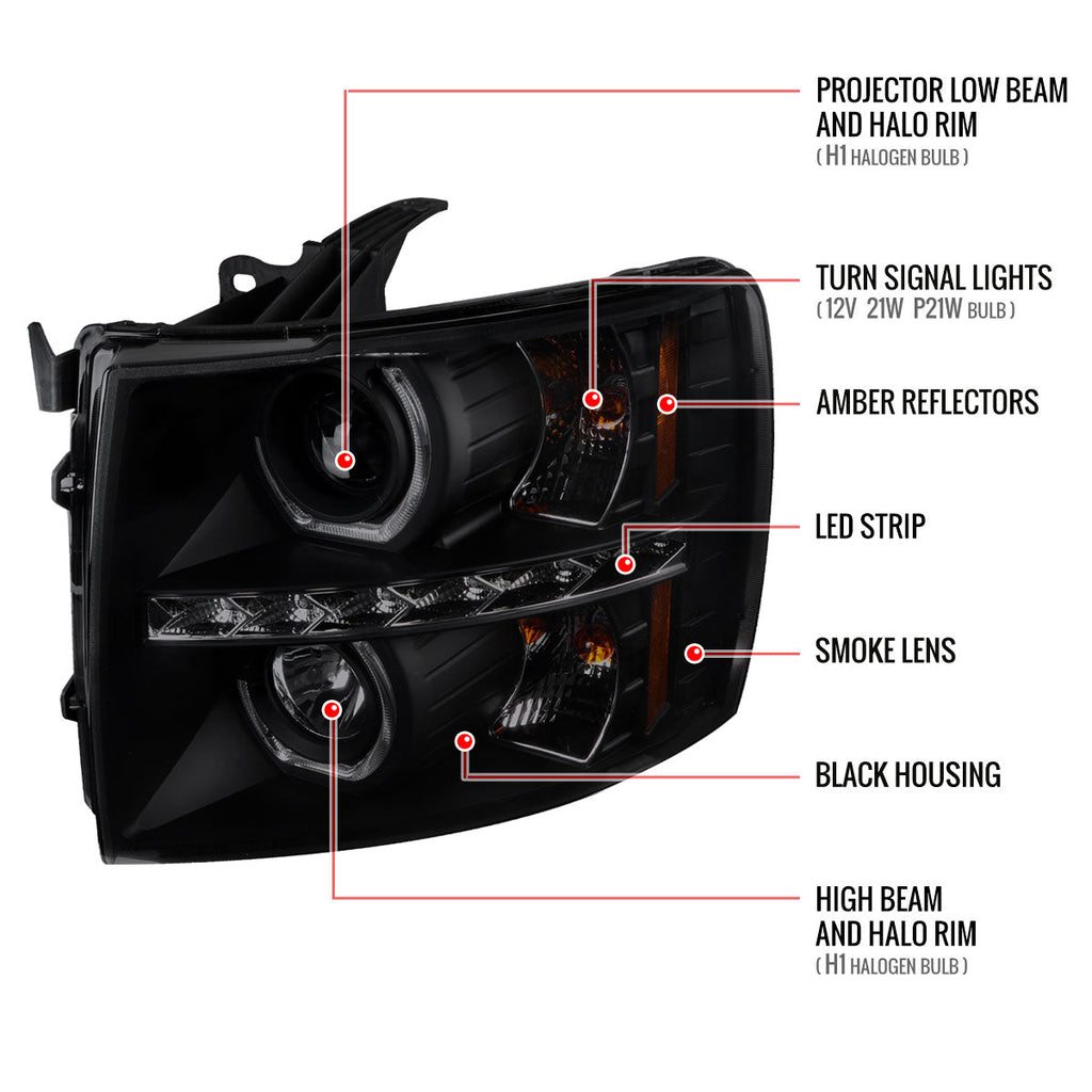 2007-2013 Chevrolet Silverado 1500/ 2007-2014 Silverado 2500HD 3500HD Dual U-Ring Halo Projector Headlights w/ LED Light Strip (Matte Black Housing/Smoked Lens)