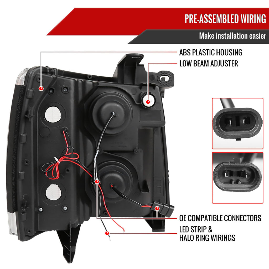 2007-2013 Chevrolet Silverado 1500 2500 3500 LED Strip Dual Halo Projector Headlights (Matte Black Housing/Smoked Lens)