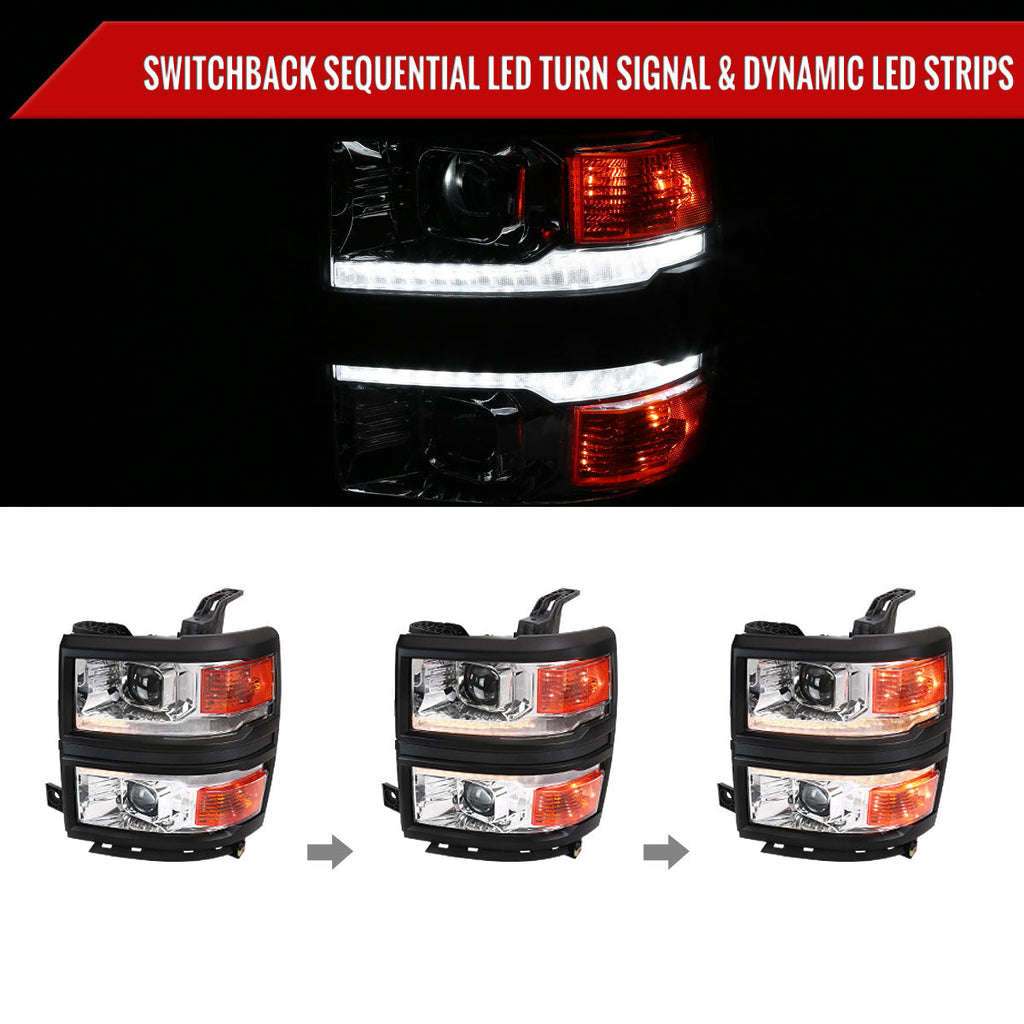 2014-2015 Chevrolet Silverado 1500 Switchback Sequential LED Bar Projector Headlights (Chrome Housing/Clear Lens/Black Trim)