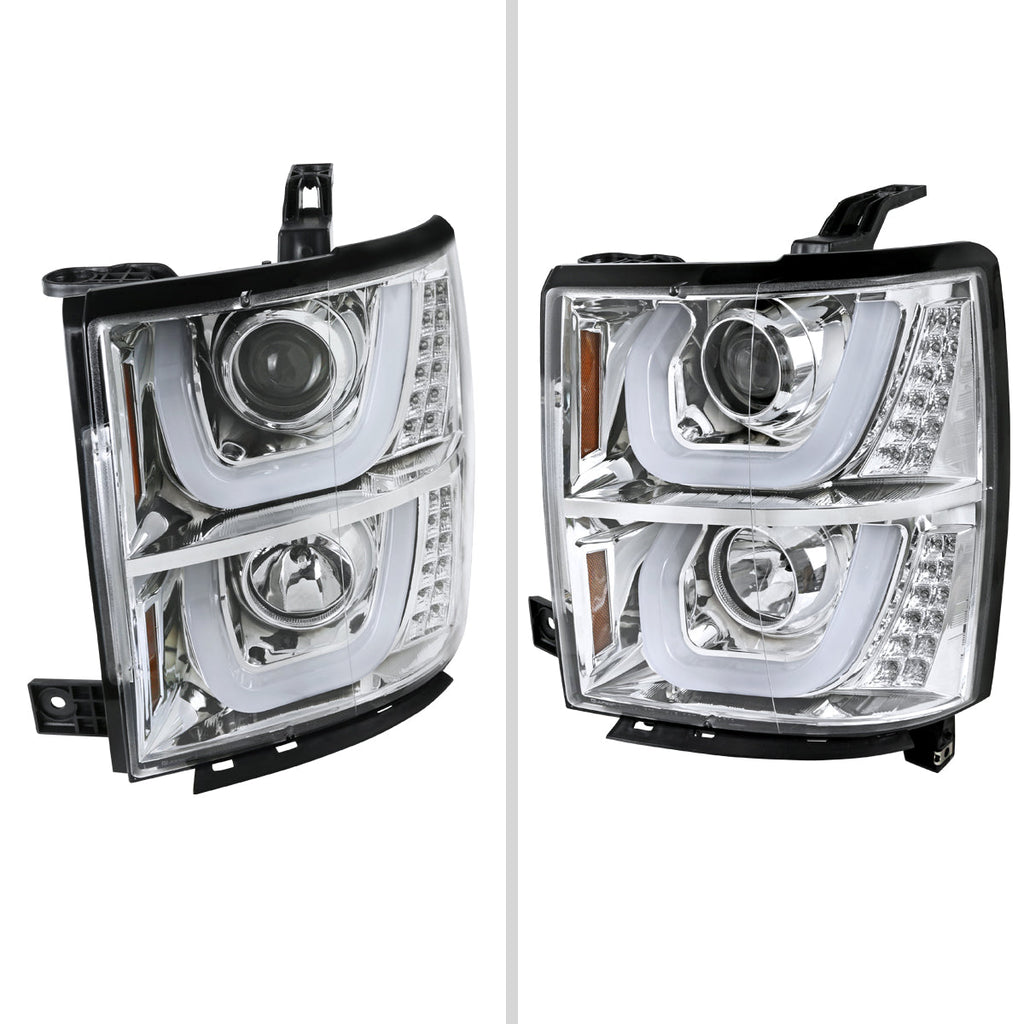 2014-2015 Chevrolet Silverado 1500 Dual LED U-Bar Projector Headlights w/ LED Turn Signal Lights (Chrome Housing/Clear Lens)