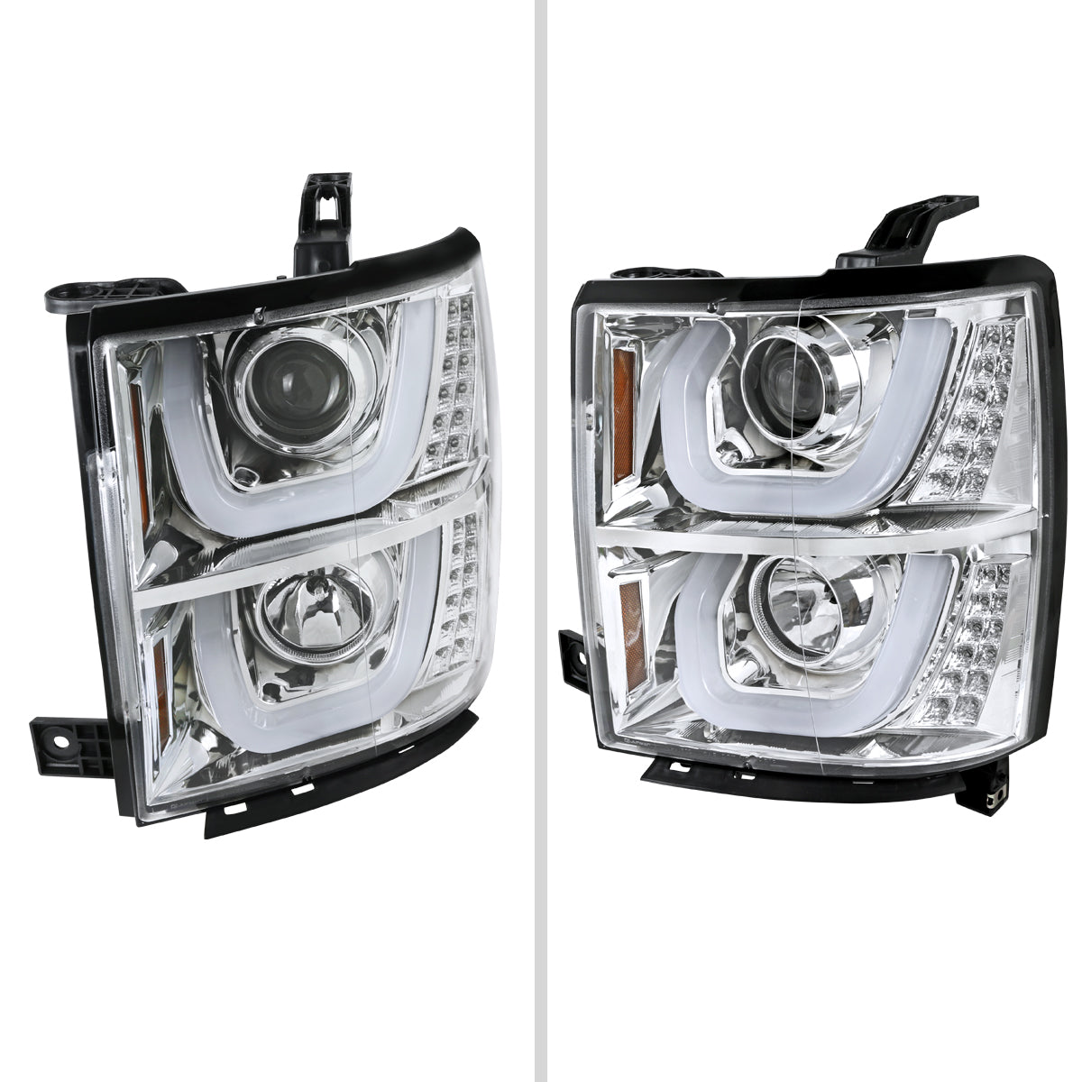 2014-2015 Chevrolet Silverado 1500 Dual LED U-Bar Projector Headlights w/ LED Turn Signal Lights (Chrome Housing/Clear Lens)