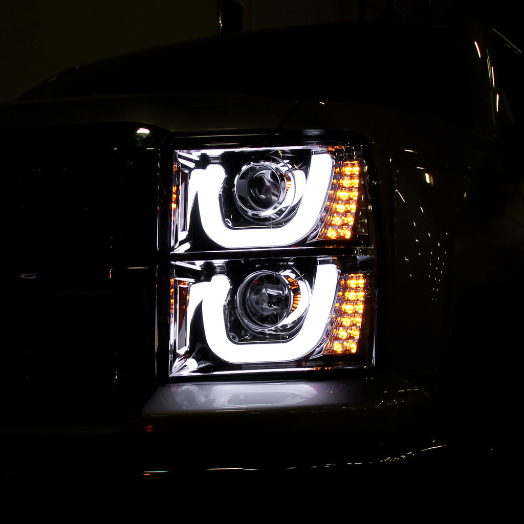 2014-2015 Chevrolet Silverado 1500 Dual LED U-Bar Projector Headlights w/ LED Turn Signal Lights (Chrome Housing/Clear Lens)