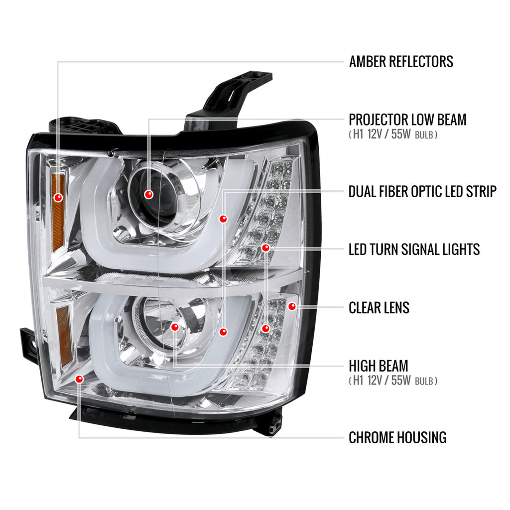 2014-2015 Chevrolet Silverado 1500 Dual LED U-Bar Projector Headlights w/ LED Turn Signal Lights (Chrome Housing/Clear Lens)