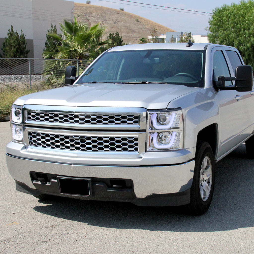 2014-2015 Chevrolet Silverado 1500 Dual LED U-Bar Projector Headlights w/ LED Turn Signal Lights (Chrome Housing/Clear Lens)