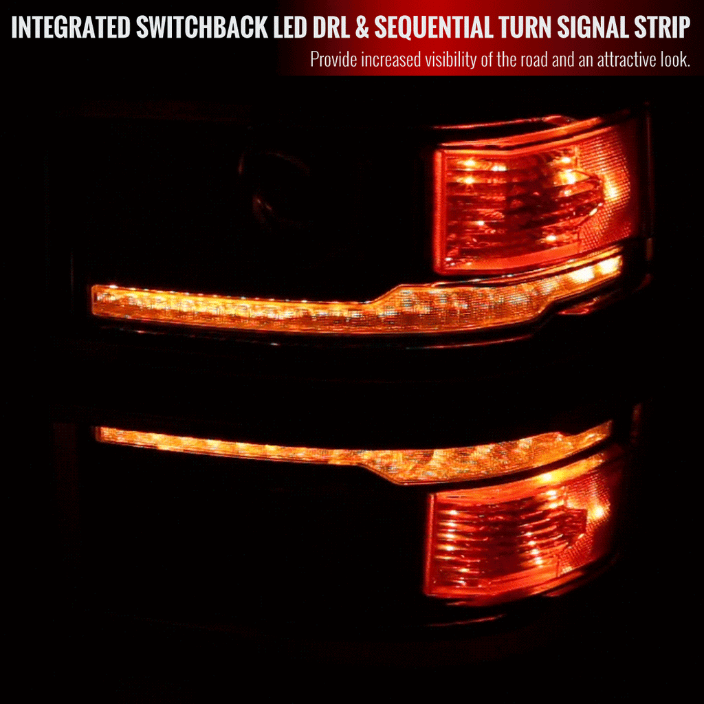 2014-2015 Chevrolet Silverado 1500 Switchback Sequential LED Bar Projector Headlights (Matte Black Housing/Smoked Lens/Chrome Trim)