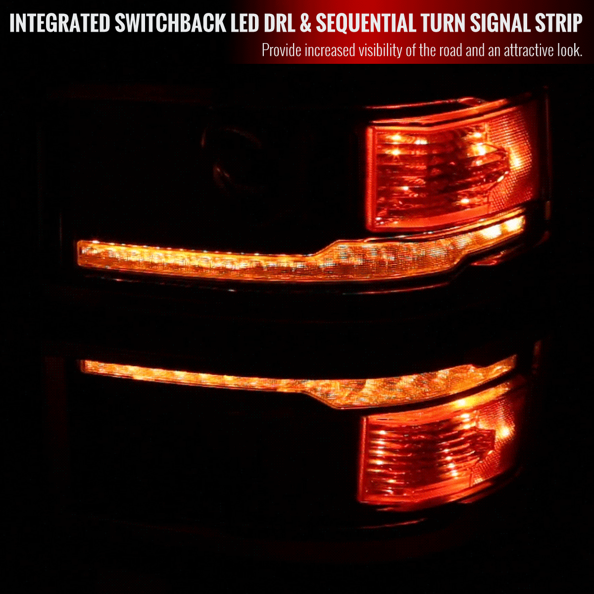 2014-2015 Chevrolet Silverado 1500 Switchback Sequential LED Bar Projector Headlights (Matte Black Housing/Smoked Lens/Chrome Trim)