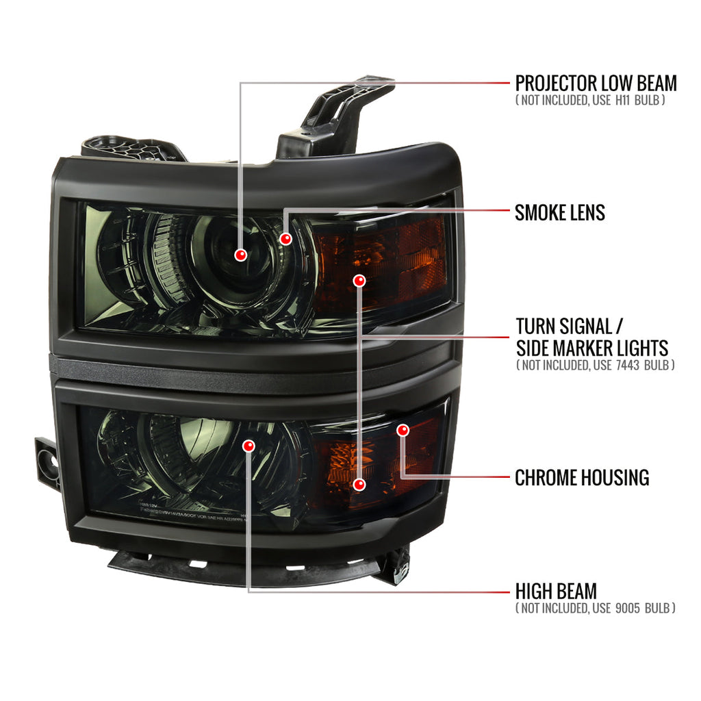 2014-2015 Chevrolet Silverado 1500 Projector Headlights (Chrome Housing/Smoked Lens/Black Trim)