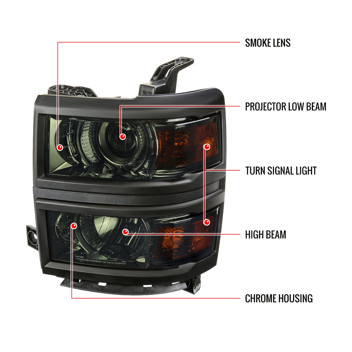 2014-2015 Chevrolet Silverado 1500 Projector Headlights (Chrome Housing/Smoked Lens/Black Trim)