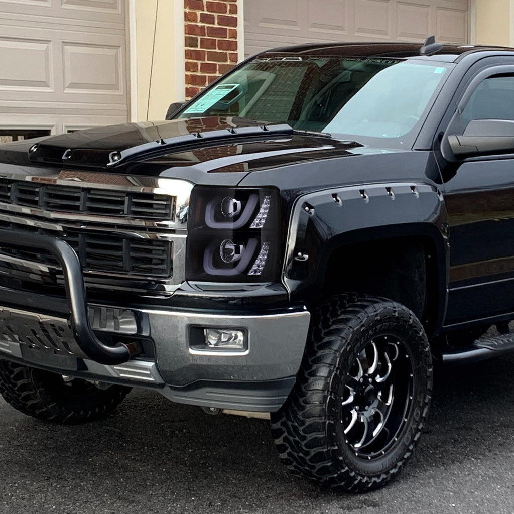 2014-2015 Chevrolet Silverado 1500 LED U-Bar Projector Headlights w/ LED Turn Signal Lights (Glossy Black Housing/Smoked Lens)