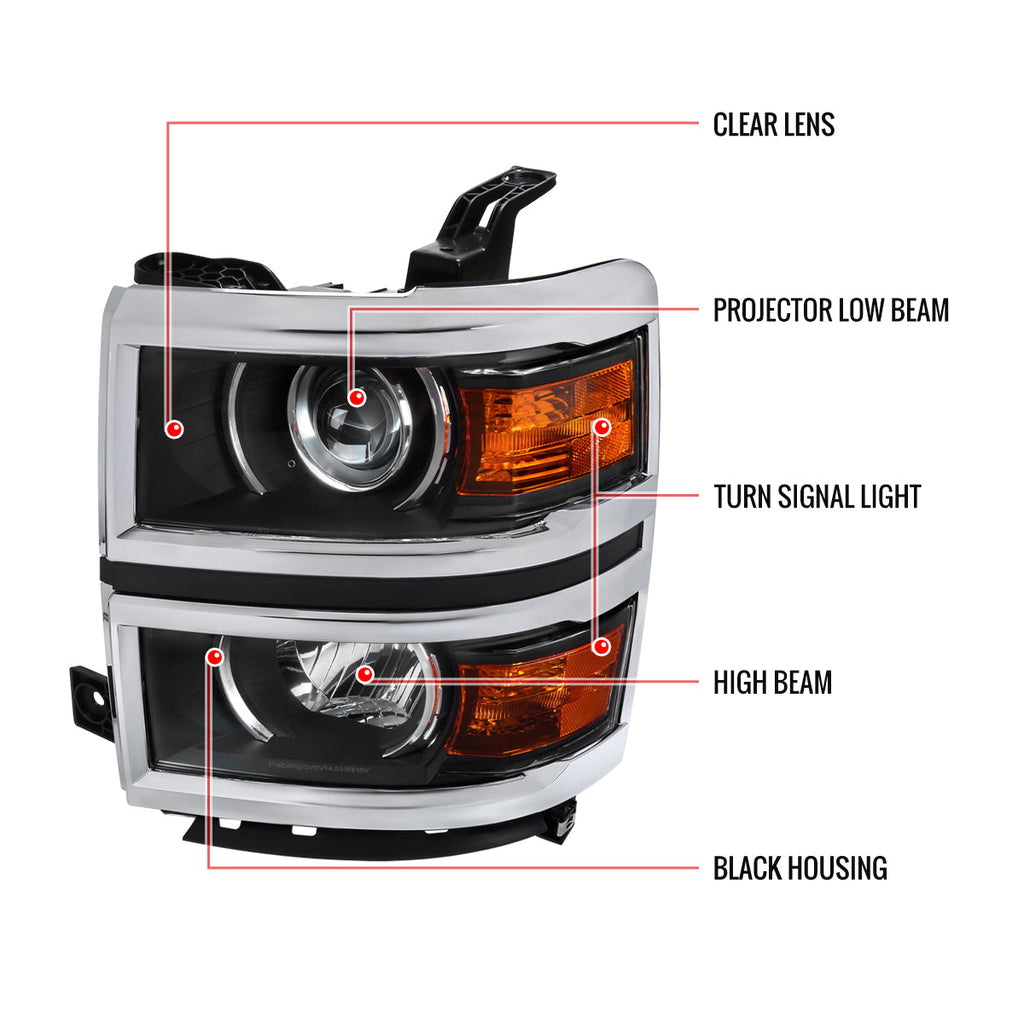 2014-2015 Chevrolet Silverado 1500 Projector Headlights (Matte Black Housing/Chrome Trim/Clear Lens)