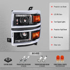 2014-2015 Chevrolet Silverado 1500 Projector Headlights w/ LED DRL (Matte Black Housing / Chrome Trim / Clear Lens)