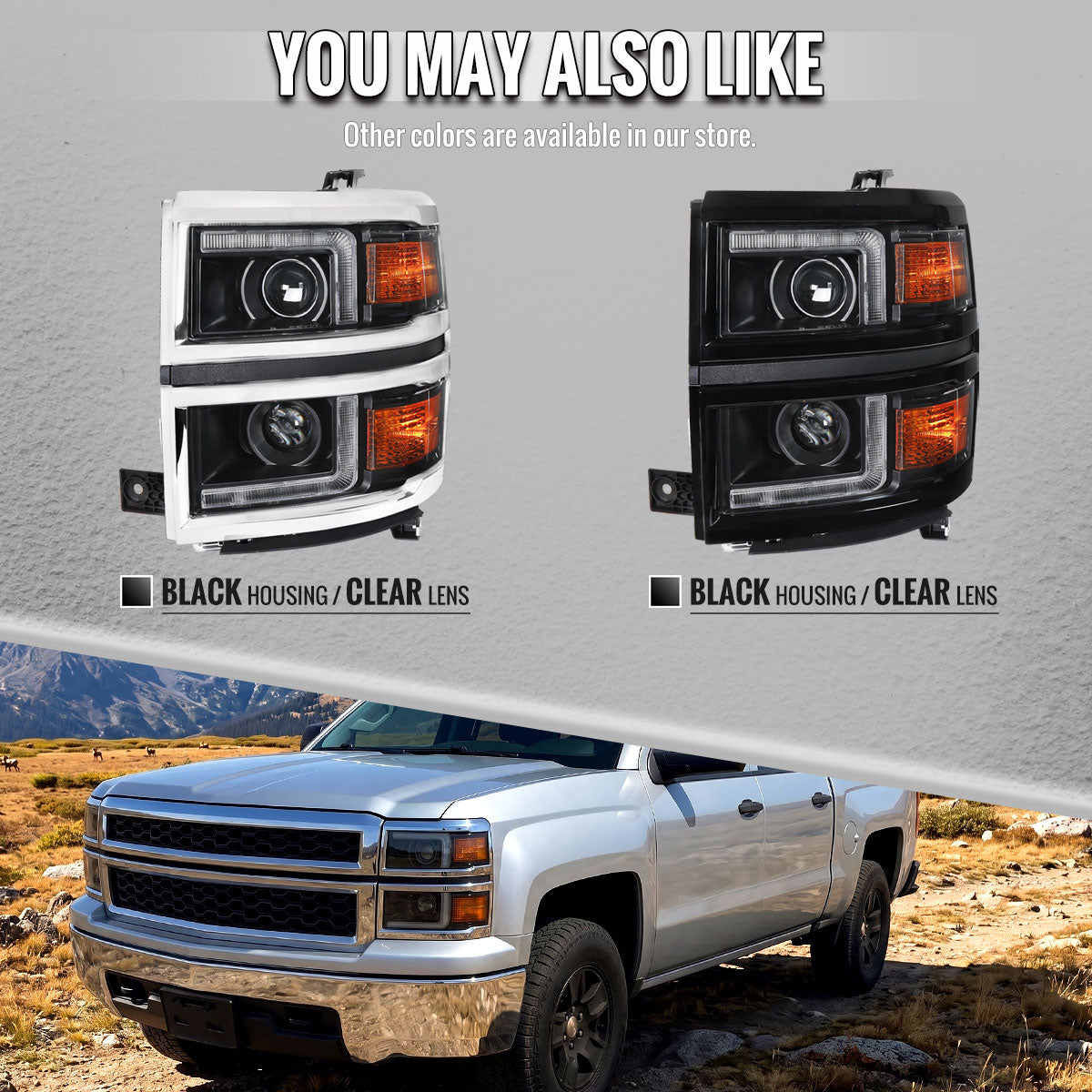 2014-2015 Chevrolet Silverado 1500 Projector Headlights w/ LED DRL (Matte Black Housing / Chrome Trim / Clear Lens)