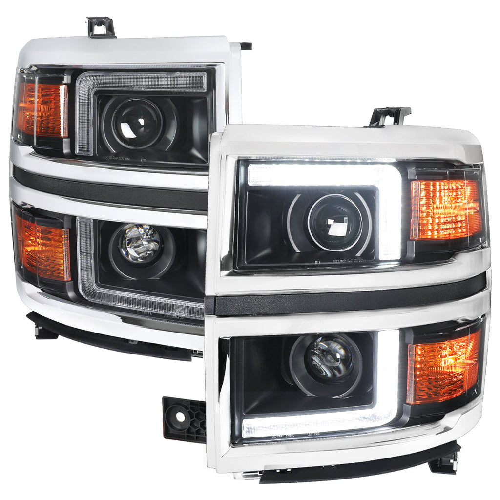 2014-2015 Chevrolet Silverado 1500 Projector Headlights w/ LED DRL (Matte Black Housing / Chrome Trim / Clear Lens)