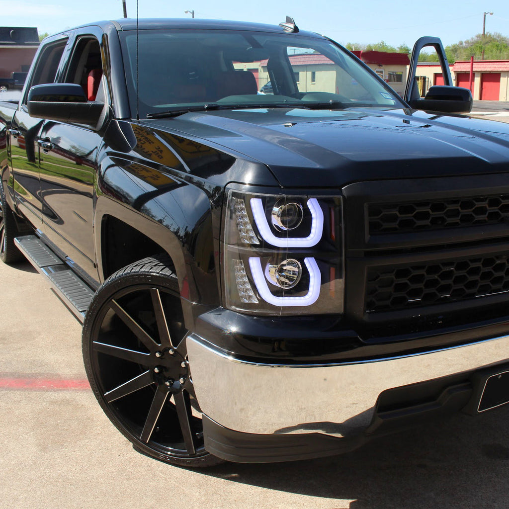 2014-2015 Chevrolet Silverado 1500 LED U-Bar Projector Headlights w/ LED Turn Signal Lights (Matte Black Housing/Clear Lens)
