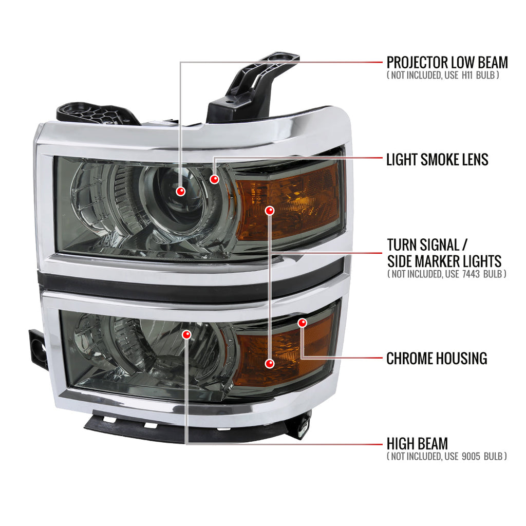 2014-2015 Chevrolet Silverado 1500 Projector Headlights w/ Chrome Trim (Chrome Housing/Light Smoked Lens)