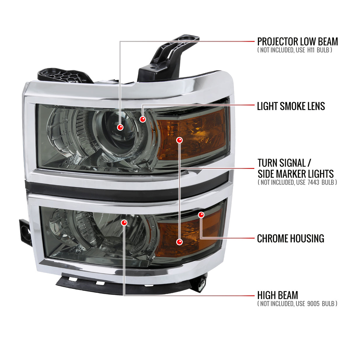 2014-2015 Chevrolet Silverado 1500 Projector Headlights w/ Chrome Trim (Chrome Housing/Light Smoked Lens)