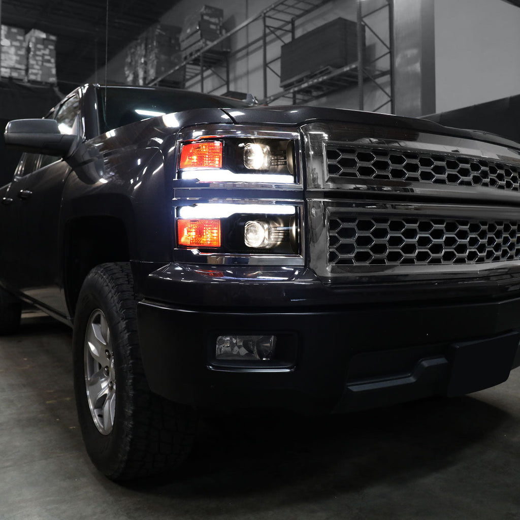 2014-2015 Chevrolet Silverado 1500 Switchback Sequential LED Bar Projector Headlights (Matte Black Housing/Smoked Lens/Chrome Trim)