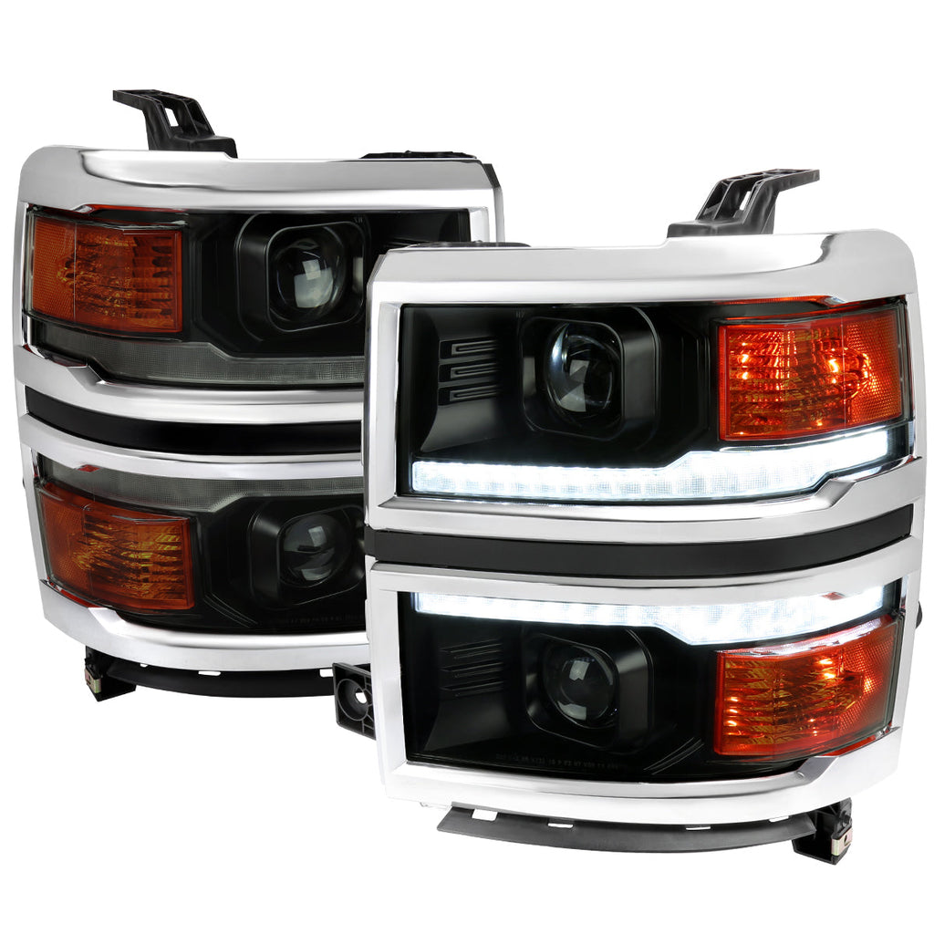 2014-2015 Chevrolet Silverado 1500 Switchback Sequential LED Bar Projector Headlights (Matte Black Housing/Smoked Lens/Chrome Trim)