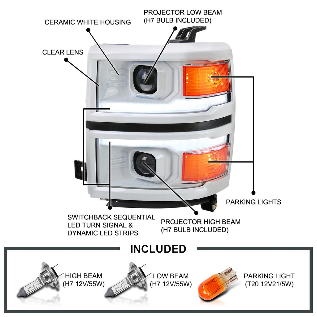 2014-2015 Chevrolet Silverado 1500 Switchback Sequential LED Bar Projector Headlights (White Housing/Clear Lens/Black Trim)