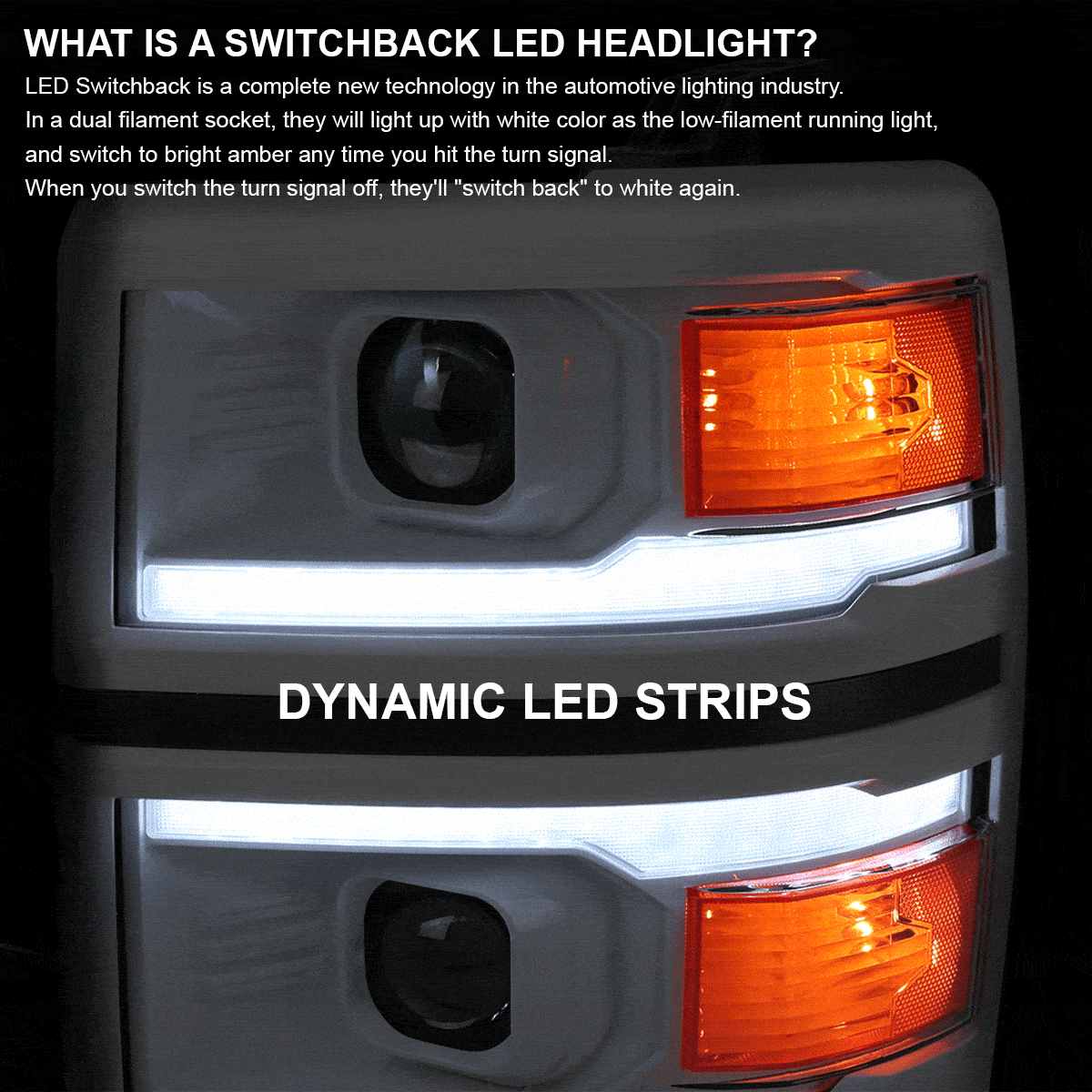 2014-2015 Chevrolet Silverado 1500 Switchback Sequential LED Bar Projector Headlights (White Housing/Clear Lens/Black Trim)