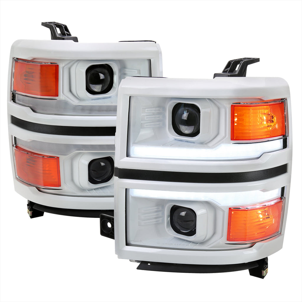 2014-2015 Chevrolet Silverado 1500 Switchback Sequential LED Bar Projector Headlights (White Housing/Clear Lens/Black Trim)
