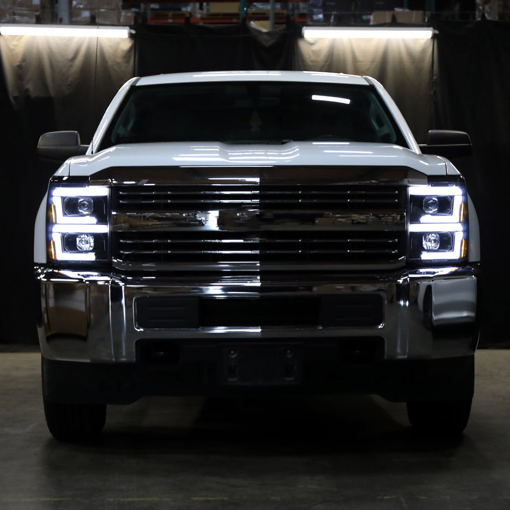 2015-2019 Chevrolet Silverado 2500HD/3500HD Switchback Sequential LED Turn Signal Projector Headlights (Glossy Black Housing/Clear Lens)