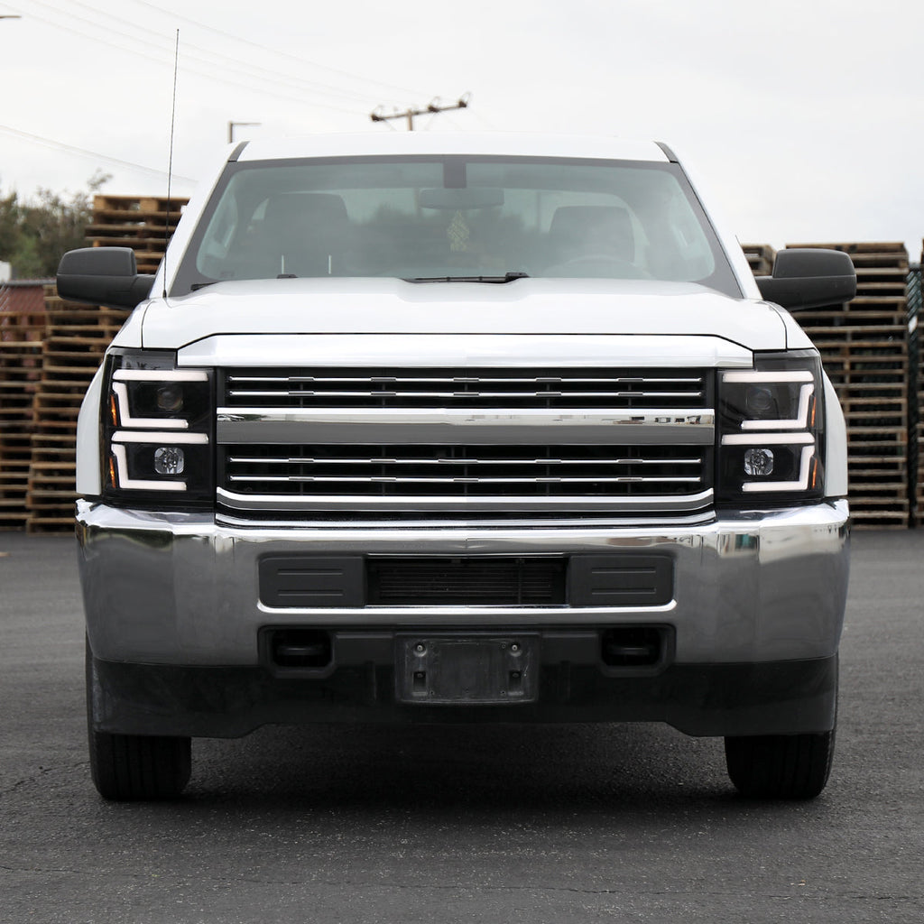 2015-2019 Chevrolet Silverado 2500HD/3500HD Switchback Sequential LED Turn Signal Projector Headlights (Glossy Black Housing/Smoked Lens)