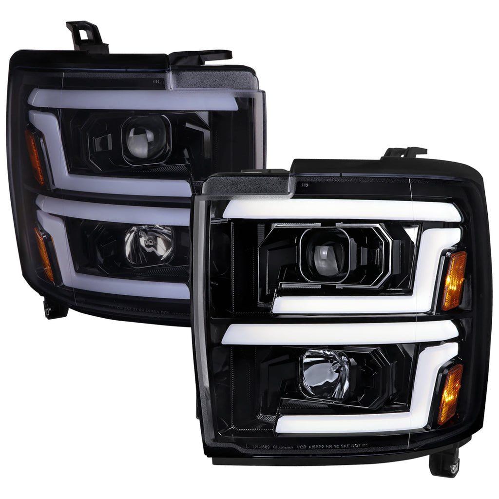 2015-2019 Chevrolet Silverado 2500HD/3500HD Switchback Sequential LED Turn Signal Projector Headlights (Glossy Black Housing/Smoked Lens)