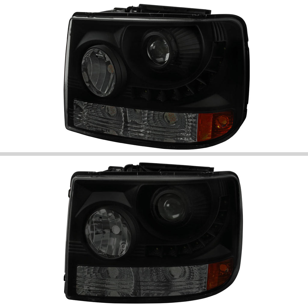 1999-2002 Chevrolet Silverado 1PC Projector Headlights w/ LED Light Strip & Bumper Lights (Black Housing/Smoked Lens)
