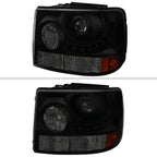 1999-2002 Chevrolet Silverado 1PC Projector Headlights w/ LED Light Strip & Bumper Lights (Black Housing/Smoked Lens)
