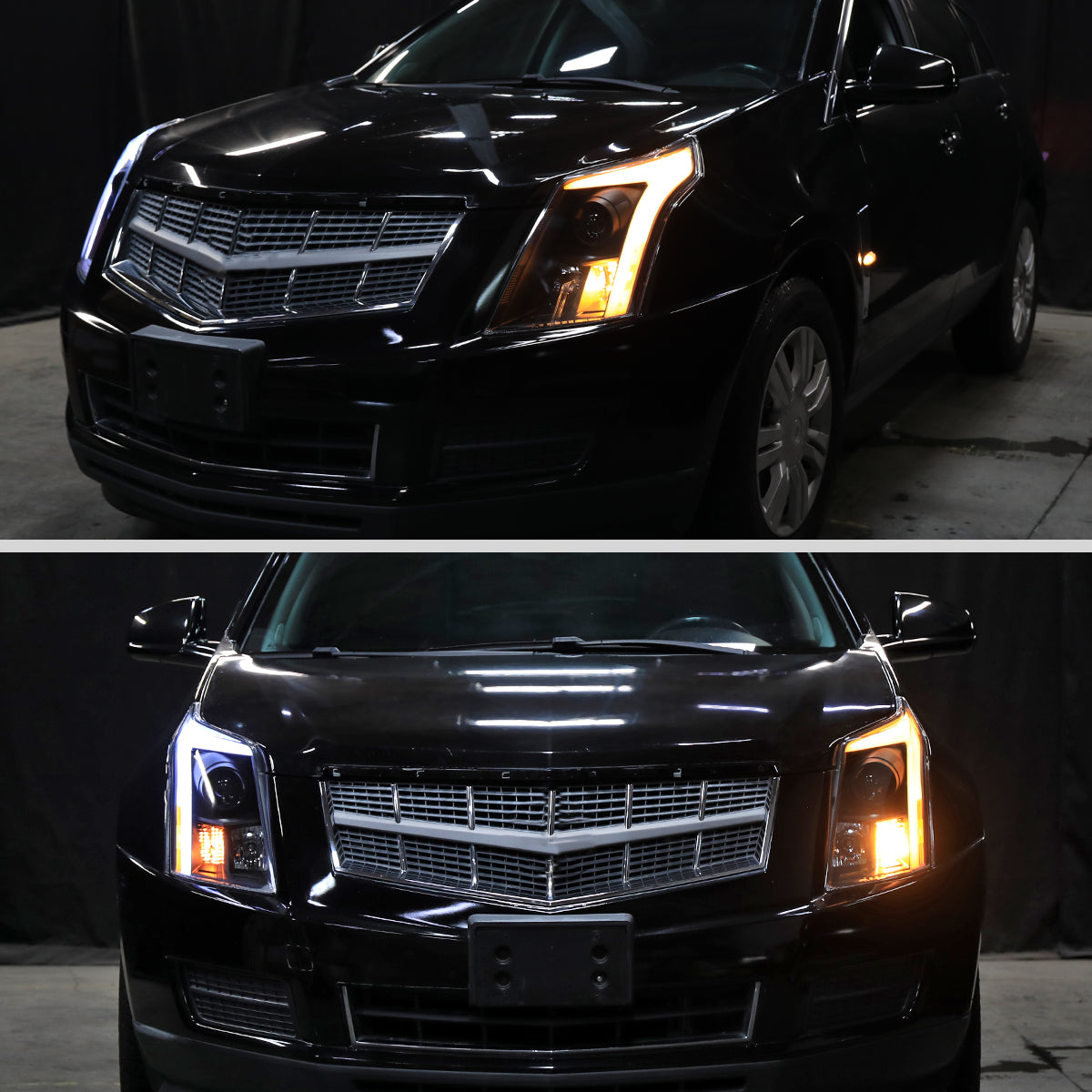 2010-2016 Cadillac SRX Projector Headlights w/ Switchback Sequential Turn Signal LED Bar (Matte Black Housing/Clear Lens)
