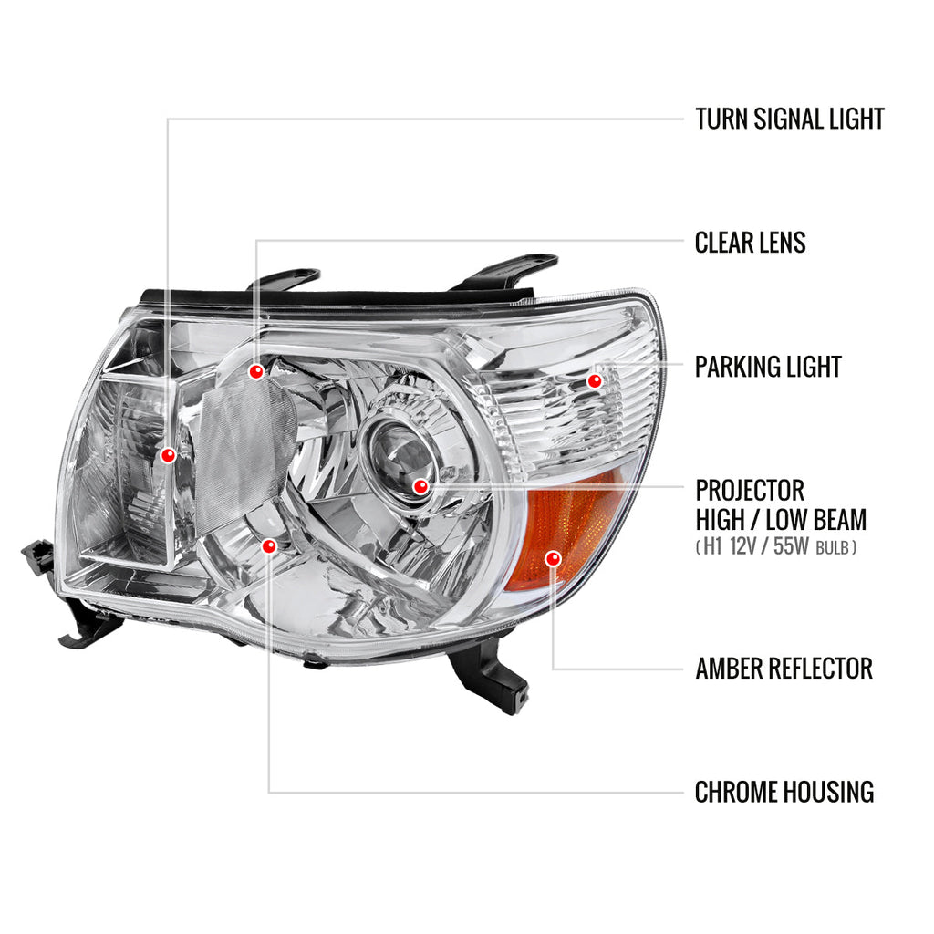 2005-2011 Toyota Tacoma Retro Style Projector Headlights (Chrome Housing/Clear Lens)