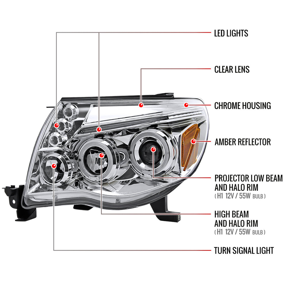 2005-2011 Toyota Tacoma Dual Halo Projector Headlights (Chrome Housing/Clear Lens)