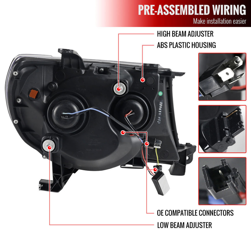 2005-2011 Toyota Tacoma LED Bar Projector Headlights w/ Sequential Turn Signal Lights (Matte Black Housing/Clear Lens)